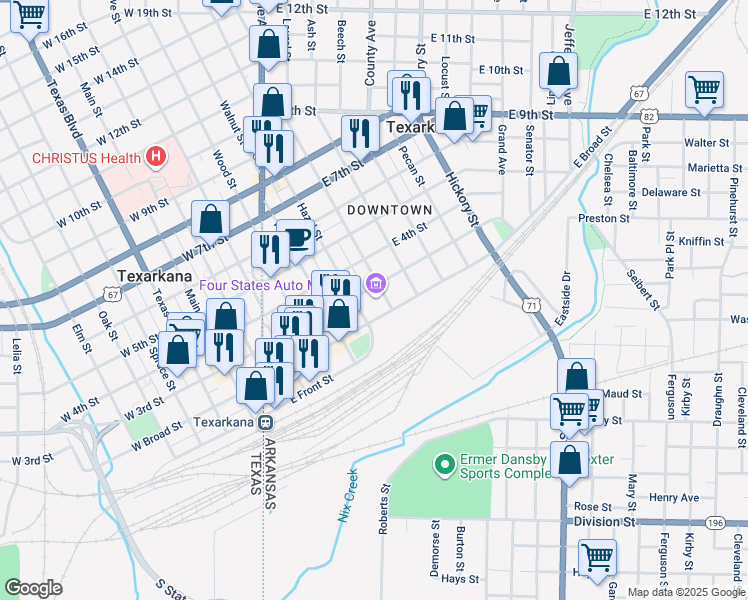 map of restaurants, bars, coffee shops, grocery stores, and more near 217 Laurel Street in Texarkana