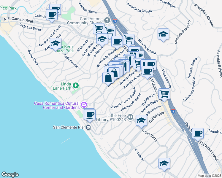 map of restaurants, bars, coffee shops, grocery stores, and more near 240 Avenida Granada in San Clemente