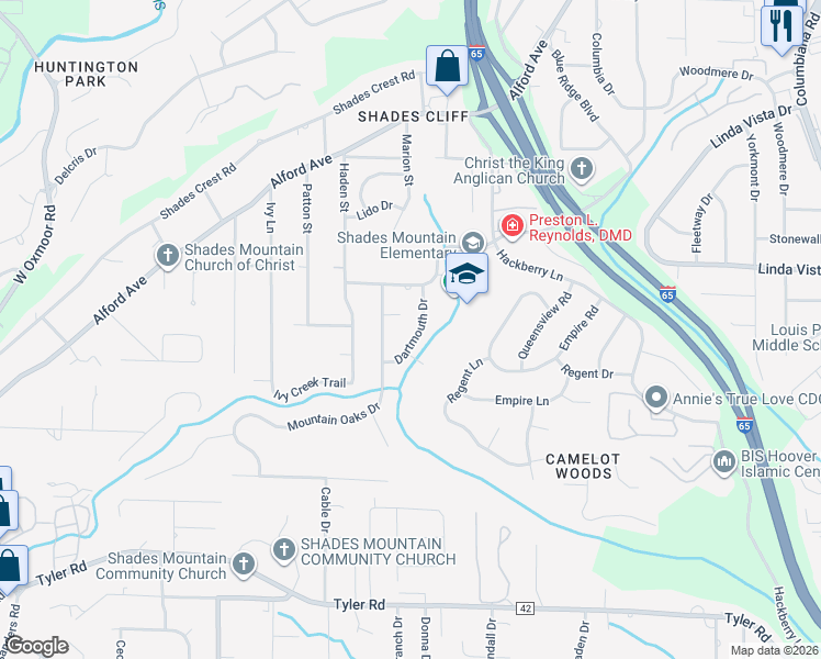 map of restaurants, bars, coffee shops, grocery stores, and more near 2312 Dartmouth Drive in Birmingham