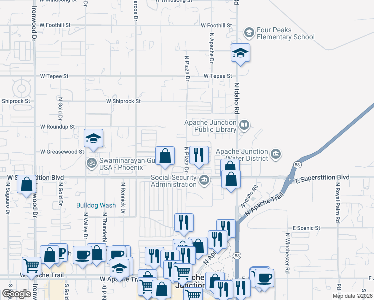 map of restaurants, bars, coffee shops, grocery stores, and more near 1010 North Plaza Drive in Apache Junction
