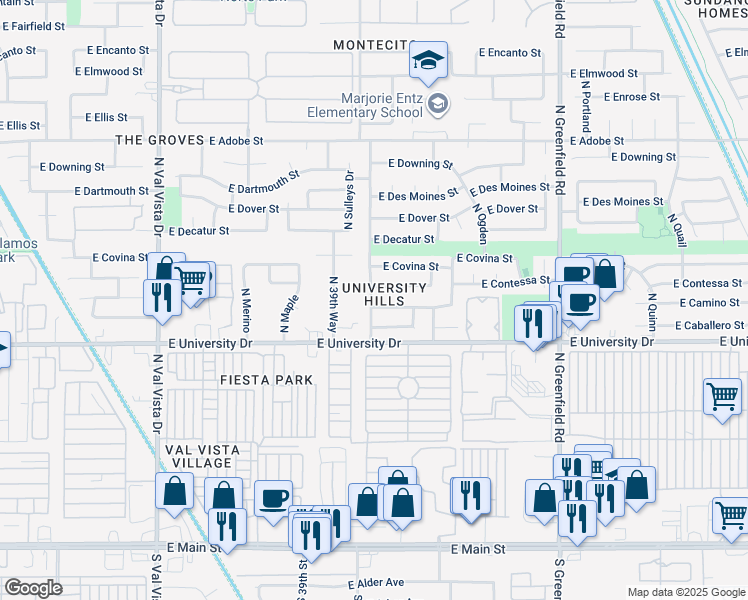 map of restaurants, bars, coffee shops, grocery stores, and more near 4029 East Contessa Street in Mesa