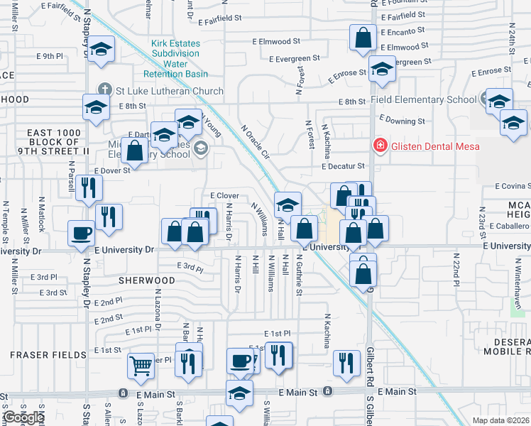 map of restaurants, bars, coffee shops, grocery stores, and more near 507 North Williams in Mesa