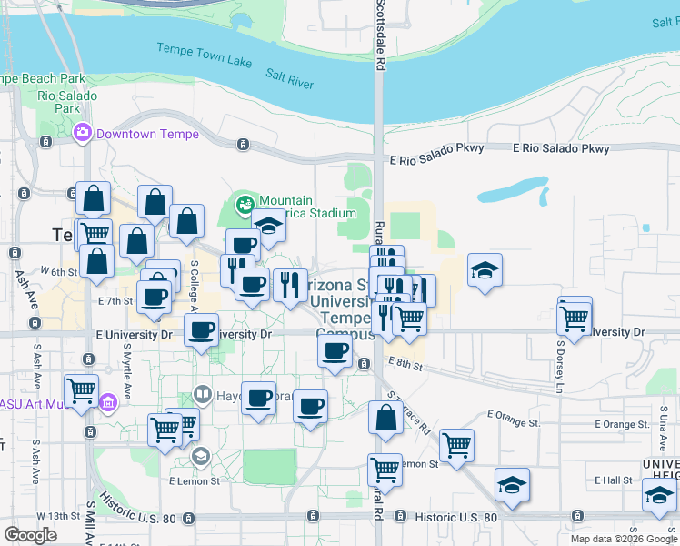 map of restaurants, bars, coffee shops, grocery stores, and more near in Tempe