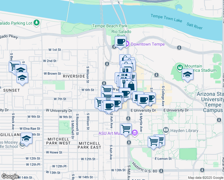 map of restaurants, bars, coffee shops, grocery stores, and more near 133 West 6th Street in Tempe