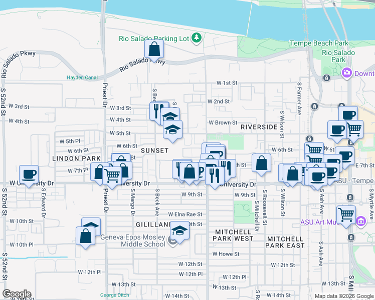 map of restaurants, bars, coffee shops, grocery stores, and more near 616 West Apartment in Tempe