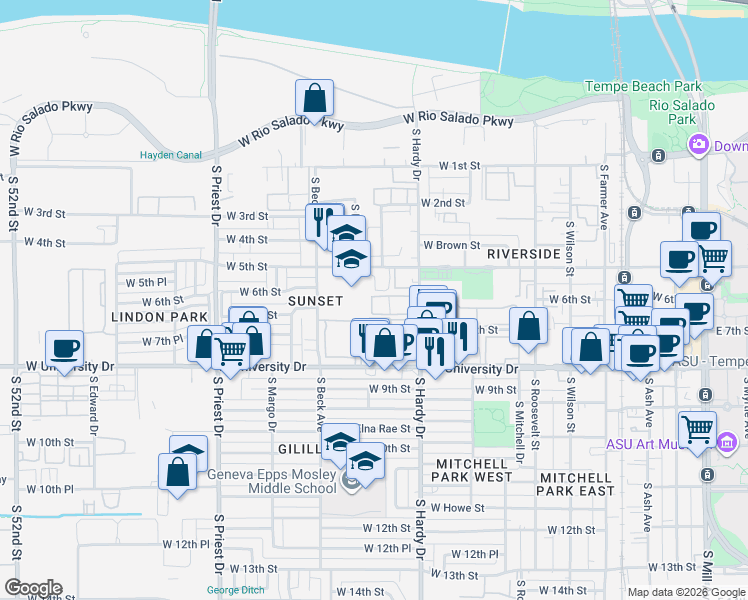 map of restaurants, bars, coffee shops, grocery stores, and more near 616 West Apartment in Tempe