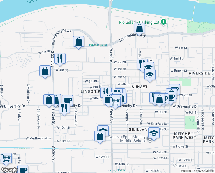map of restaurants, bars, coffee shops, grocery stores, and more near 1416 West 6th Street in Tempe