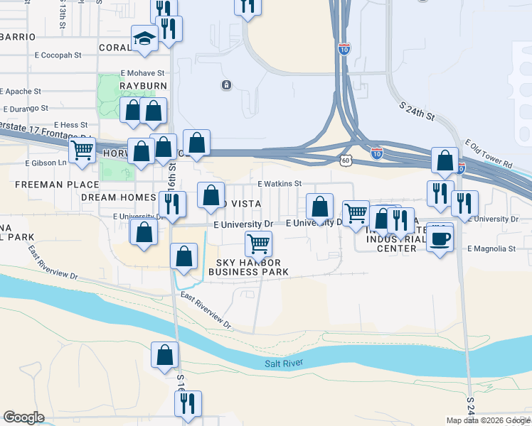 map of restaurants, bars, coffee shops, grocery stores, and more near 2434 South 18th Place in Phoenix