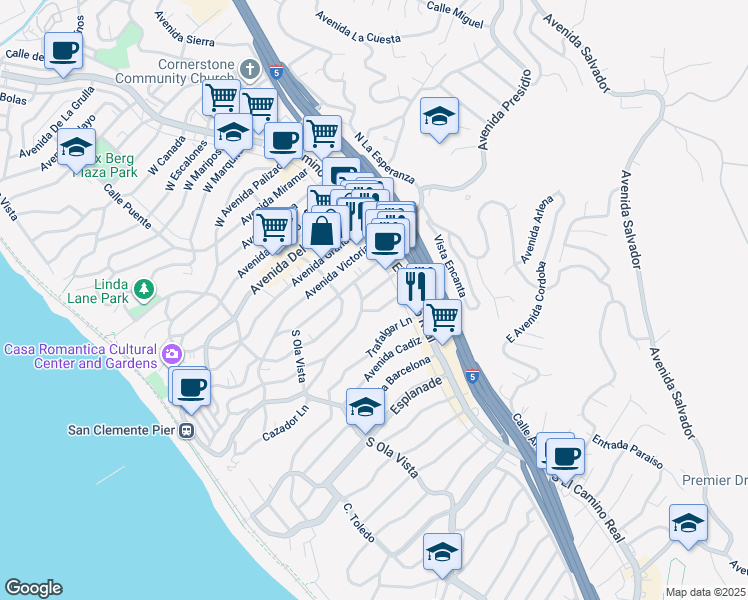 map of restaurants, bars, coffee shops, grocery stores, and more near 203 Avenida Monterey in San Clemente