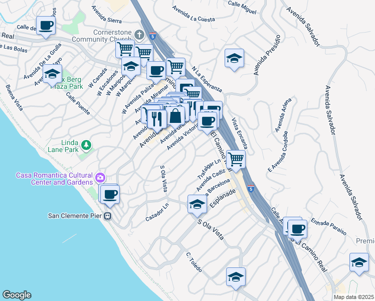 map of restaurants, bars, coffee shops, grocery stores, and more near 202 Avenida Rosa in San Clemente