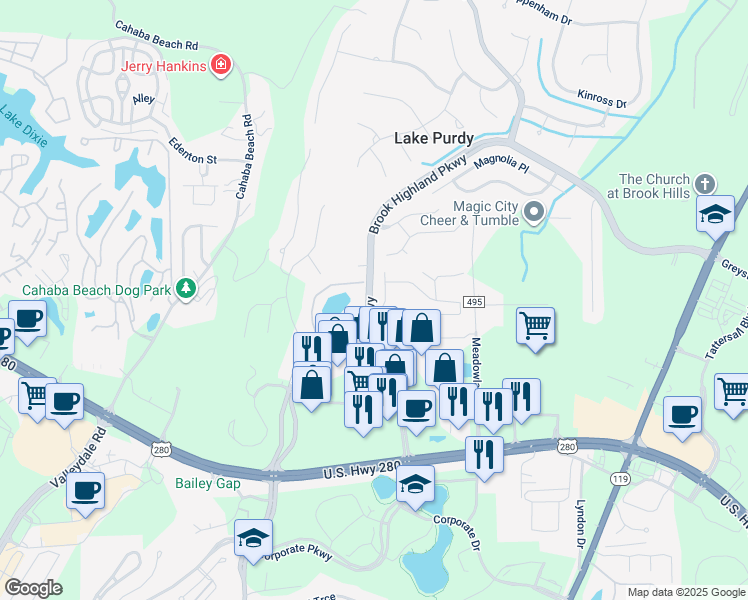 map of restaurants, bars, coffee shops, grocery stores, and more near 102 Meadow Drive in Birmingham