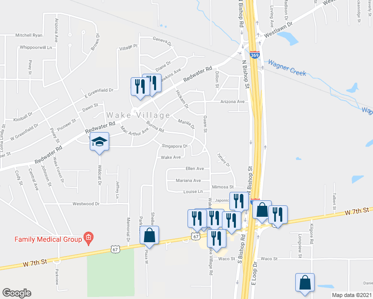 map of restaurants, bars, coffee shops, grocery stores, and more near 817 Wake Avenue in Wake Village