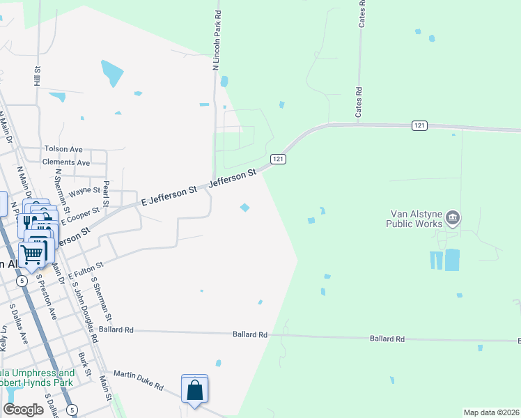 map of restaurants, bars, coffee shops, grocery stores, and more near 10590 Farm to Market 121 in Van Alstyne