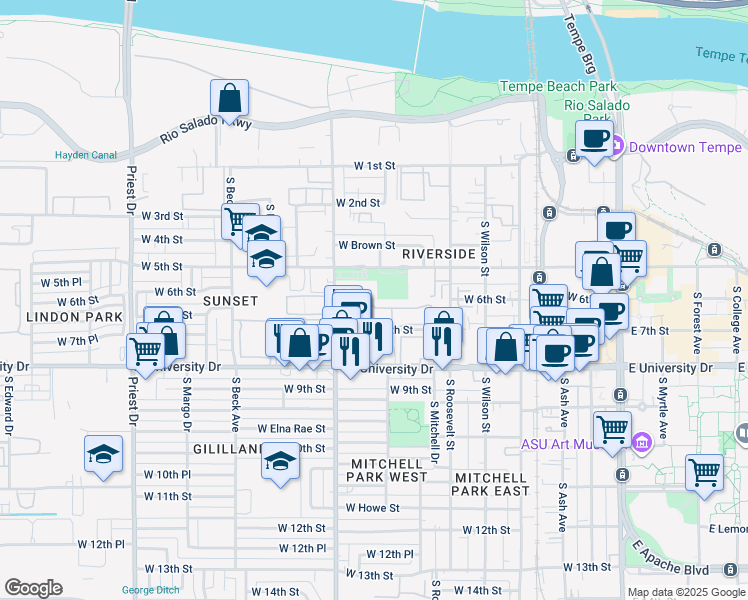 map of restaurants, bars, coffee shops, grocery stores, and more near 615 South Hardy Drive in Tempe