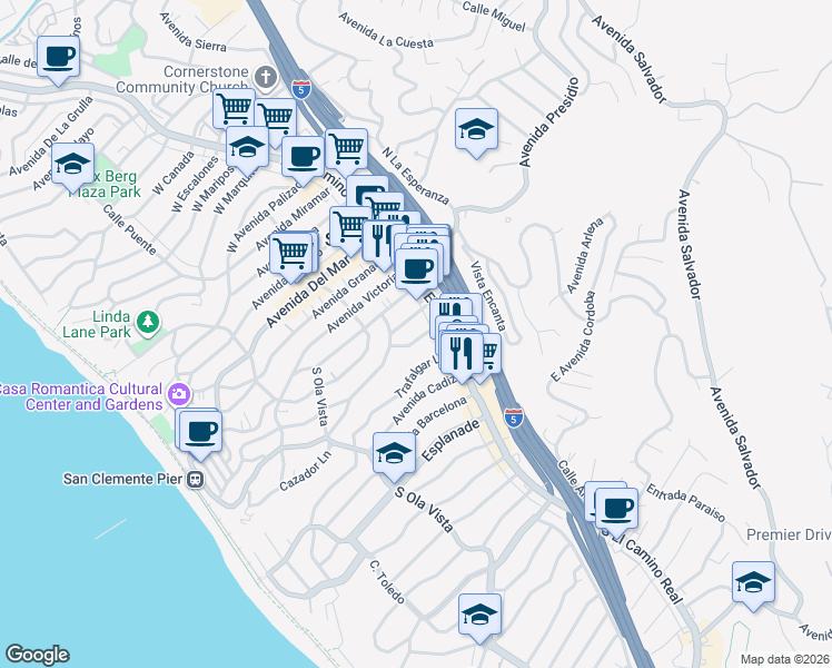 map of restaurants, bars, coffee shops, grocery stores, and more near 122 Avenida Algodon in San Clemente