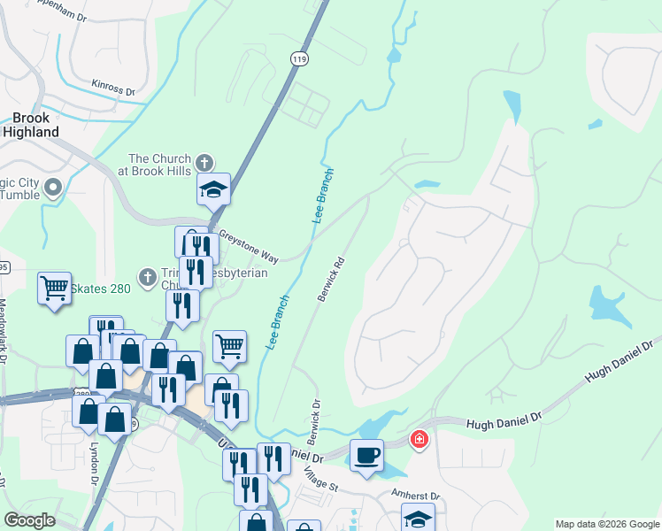 map of restaurants, bars, coffee shops, grocery stores, and more near 1139 Berwick Road in Birmingham