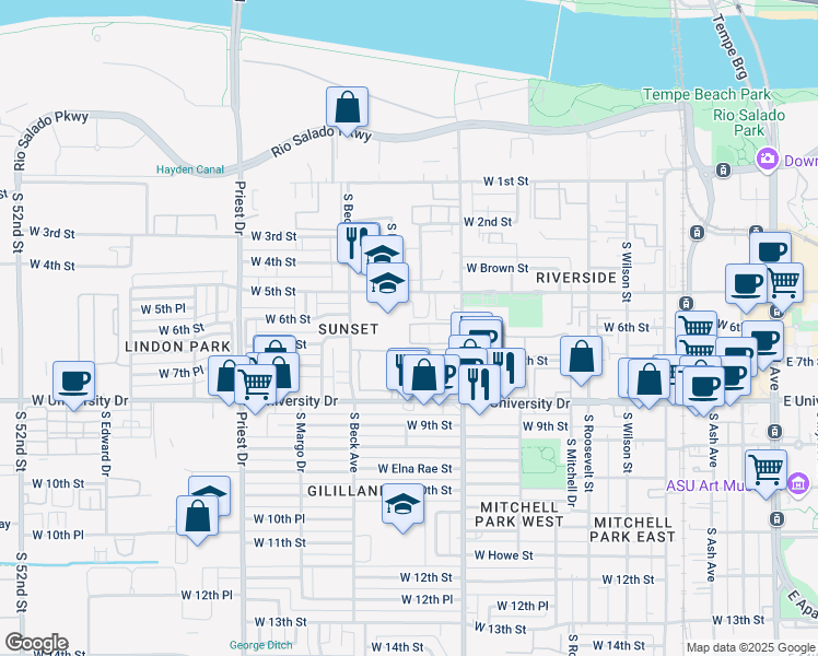 map of restaurants, bars, coffee shops, grocery stores, and more near South Apartment in Tempe