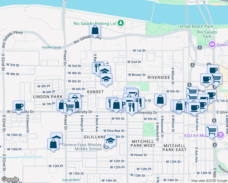 map of restaurants, bars, coffee shops, grocery stores, and more near 616 South Hardy Drive in Tempe