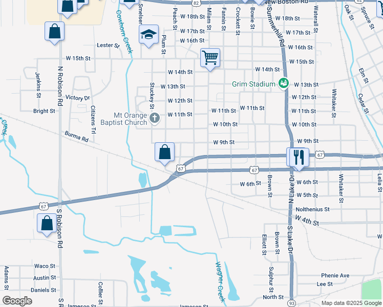 map of restaurants, bars, coffee shops, grocery stores, and more near 801 Apple Street in Texarkana