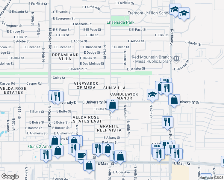 map of restaurants, bars, coffee shops, grocery stores, and more near 6413 East Covina Street in Mesa