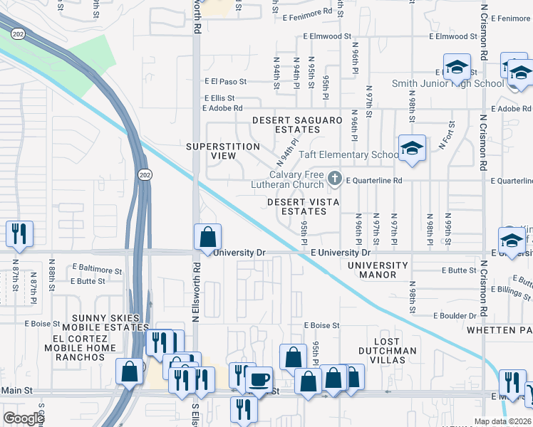 map of restaurants, bars, coffee shops, grocery stores, and more near 523 North 94th Circle in Mesa