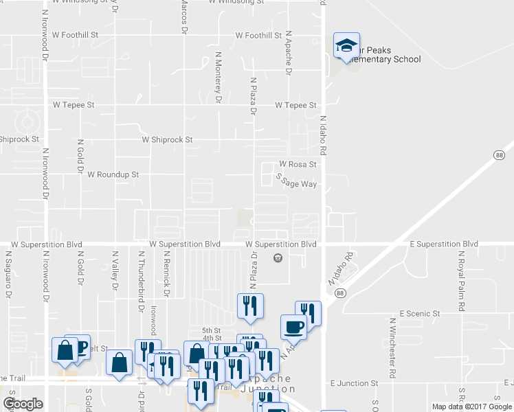 map of restaurants, bars, coffee shops, grocery stores, and more near 1010 North Plaza Drive in Apache Junction