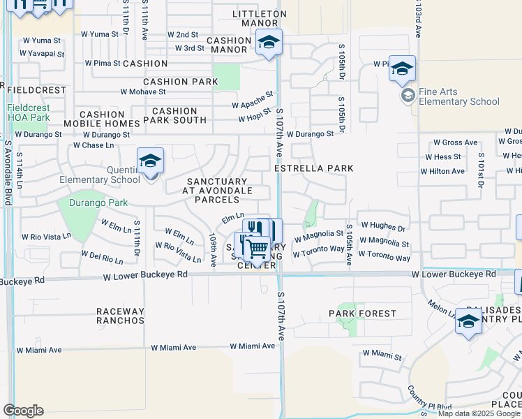 map of restaurants, bars, coffee shops, grocery stores, and more near 10760 West Elm Lane in Avondale