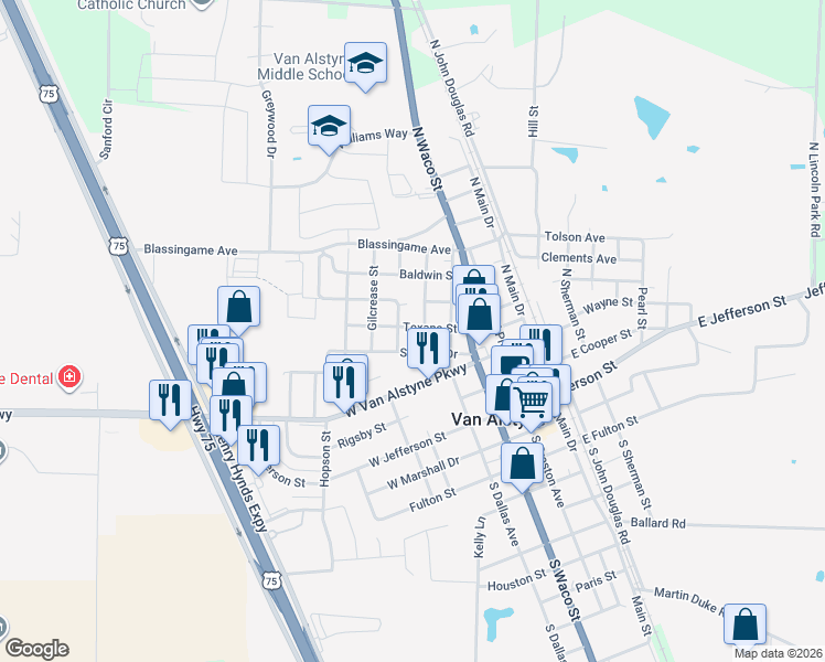 map of restaurants, bars, coffee shops, grocery stores, and more near 271 Texana Street in Van Alstyne