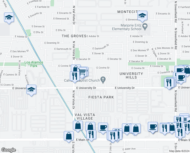 map of restaurants, bars, coffee shops, grocery stores, and more near 456 North Merino in Mesa