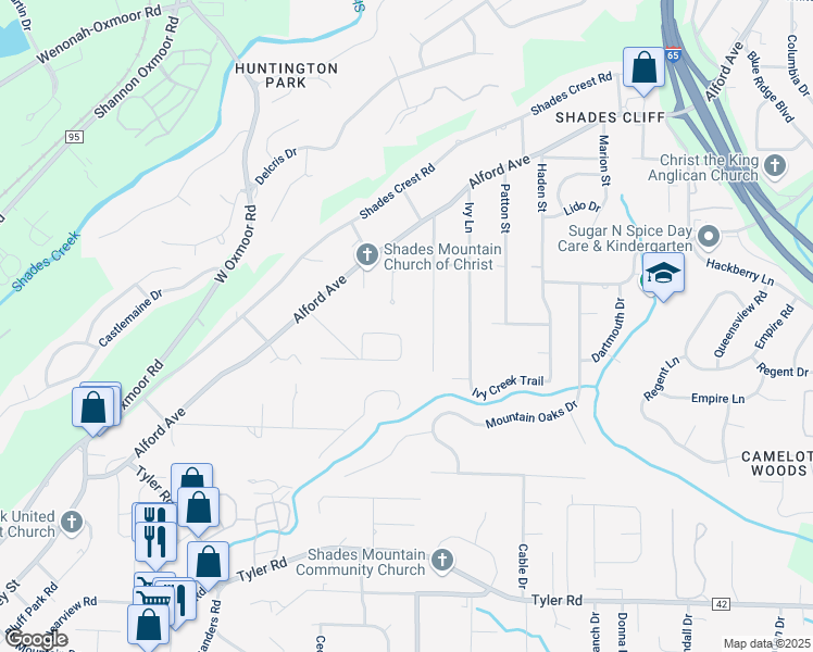 map of restaurants, bars, coffee shops, grocery stores, and more near 2264 Larkspur Drive in Birmingham
