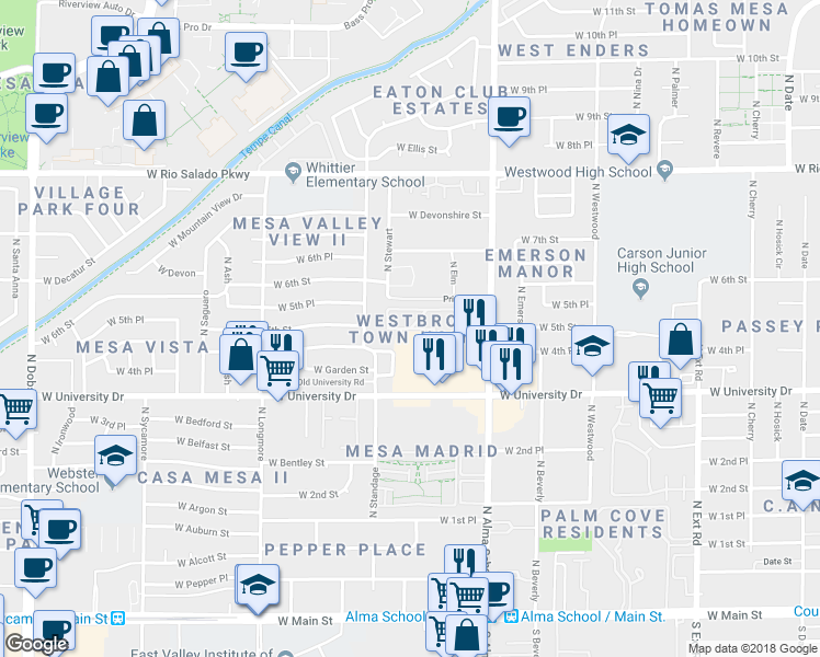 map of restaurants, bars, coffee shops, grocery stores, and more near N Westbrook Condominiums in Mesa