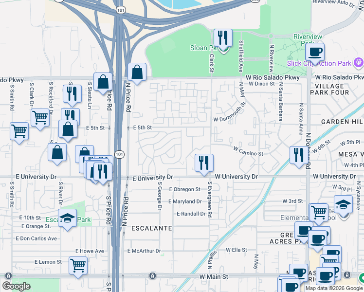 map of restaurants, bars, coffee shops, grocery stores, and more near 544 South Allred Drive in Tempe