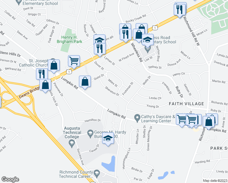 map of restaurants, bars, coffee shops, grocery stores, and more near 2525 Sheraton Drive in Augusta
