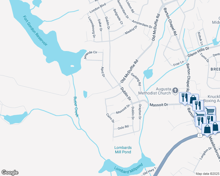 map of restaurants, bars, coffee shops, grocery stores, and more near 2837 April Drive in Augusta