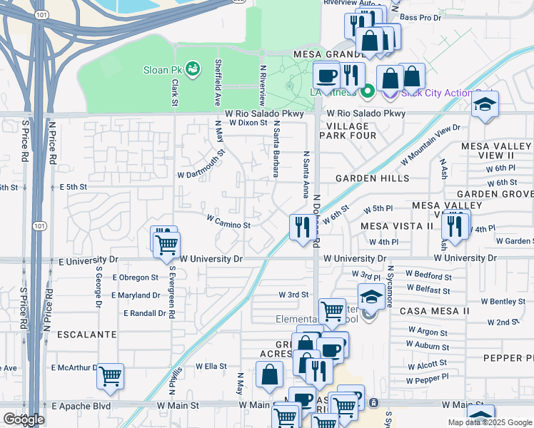 map of restaurants, bars, coffee shops, grocery stores, and more near 12 West Camino Street in Mesa
