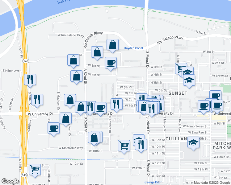 map of restaurants, bars, coffee shops, grocery stores, and more near 706 South Lindon Lane in Tempe