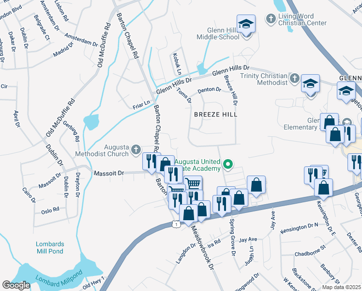 map of restaurants, bars, coffee shops, grocery stores, and more near 2707 Blossom Drive in Augusta