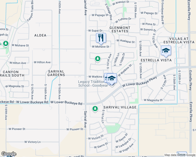 map of restaurants, bars, coffee shops, grocery stores, and more near 16166 West Gibson Lane in Goodyear