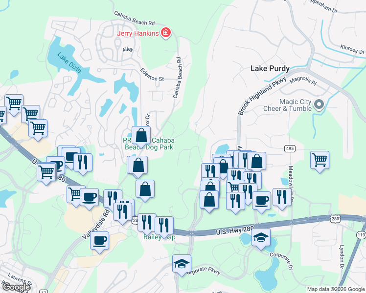 map of restaurants, bars, coffee shops, grocery stores, and more near 4020 Eagle Ridge Court in Birmingham