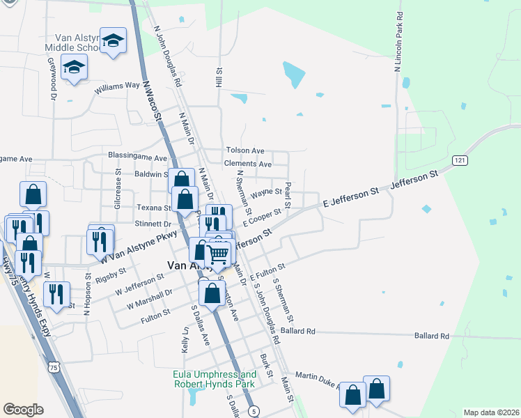 map of restaurants, bars, coffee shops, grocery stores, and more near 768 East Cooper Street in Van Alstyne