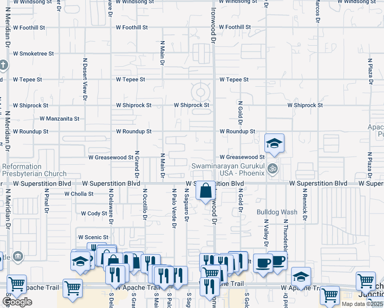 map of restaurants, bars, coffee shops, grocery stores, and more near 1781 West Mockingbird Street in Apache Junction
