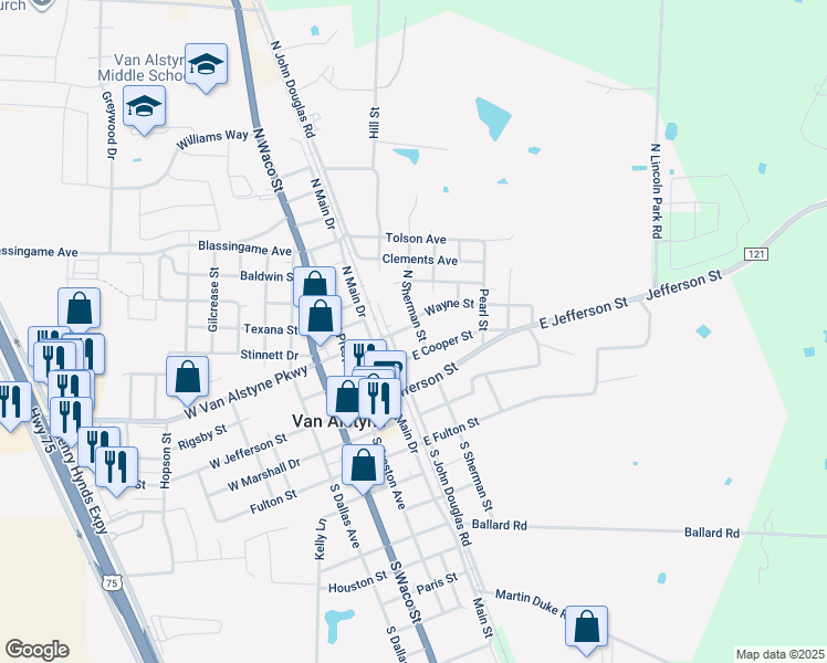 map of restaurants, bars, coffee shops, grocery stores, and more near 474 East Van Alstyne Parkway in Van Alstyne