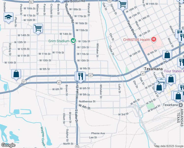 map of restaurants, bars, coffee shops, grocery stores, and more near 1418 West Doctor Martin Luther King Junior Boulevard in Texarkana