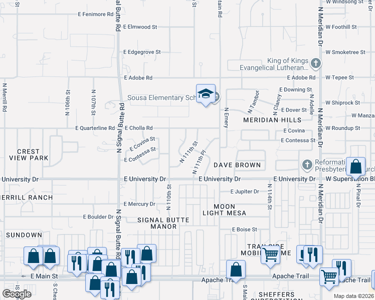 map of restaurants, bars, coffee shops, grocery stores, and more near 521 North 110th Place in Mesa