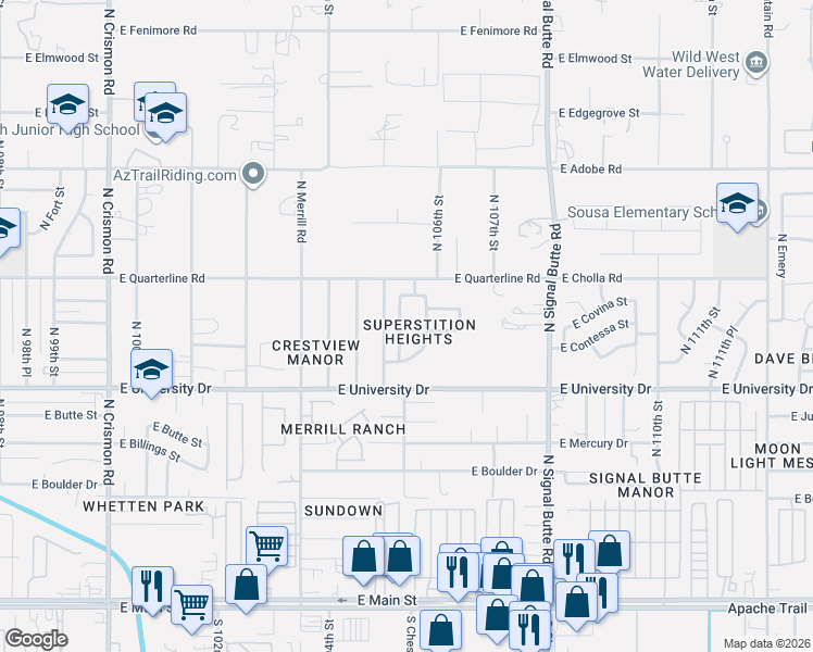 map of restaurants, bars, coffee shops, grocery stores, and more near 524 North Canfield in Mesa