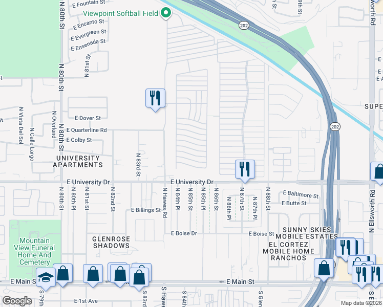map of restaurants, bars, coffee shops, grocery stores, and more near Ln 3400 in Mesa
