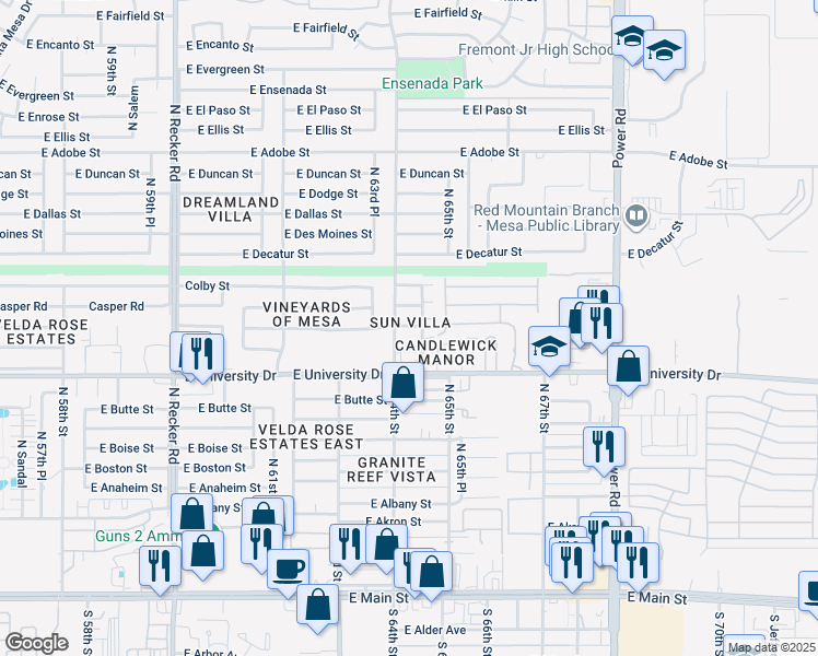 map of restaurants, bars, coffee shops, grocery stores, and more near 6413 East Covina Street in Mesa