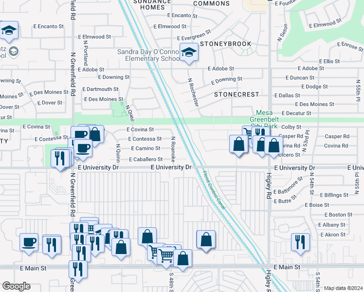 map of restaurants, bars, coffee shops, grocery stores, and more near 4802 East Camino Circle in Mesa