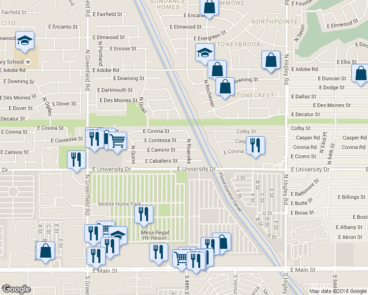 map of restaurants, bars, coffee shops, grocery stores, and more near 4802 East Camino Circle in Mesa