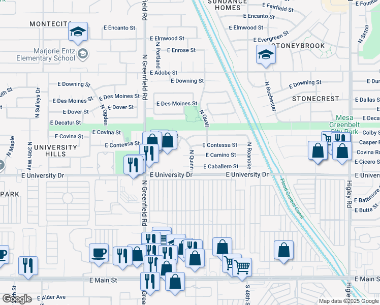 map of restaurants, bars, coffee shops, grocery stores, and more near 4612 East Camino Street in Mesa